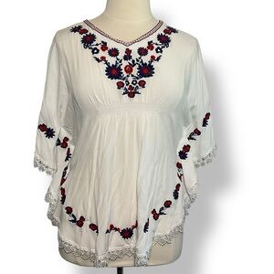 Vintage Top Embroidered Floral Lace Cream White Blue Red Boho 70s Size Medium